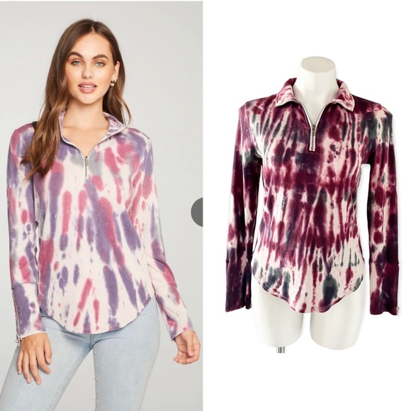 Chaser Tie Dye Sweatshirt Quarter Zip Burgundy Cream Pink Top Size XS - Picture 14 of 14